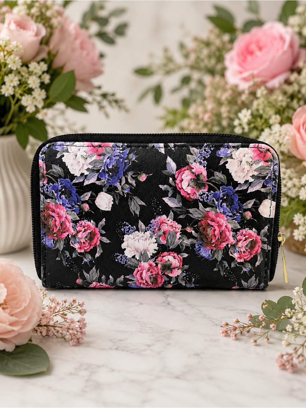 Floral Zip-Around Wallet in Black with Pink & Blue Blooms